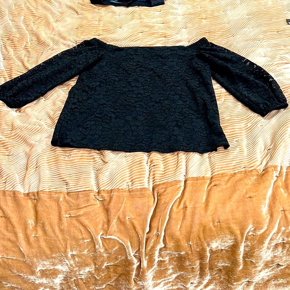 ANN TAYLOR OFF THE SHOULDER BLACK LACE TOP